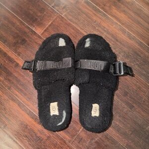 UGG Black Fuzzy Slide Sandals with Logo Strap